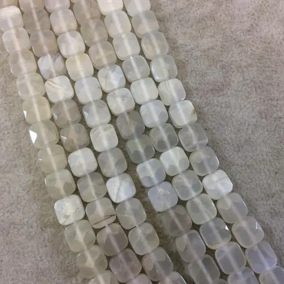 8mm Faceted Natural White Moonstone Flat Square Shaped Beads With 1mm Holes - 15.5" Strand (approx. 47 Beads) - High Quality Gemstone