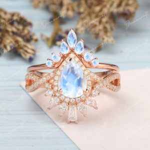 Moonstone Engagement Ring Pear Shape Unique Engagement Ring Sets Solid 14K Rose Gold Vintage Moissanite Wedding Bridal Ring Promise Ring | Natural genuine Moonstone rings, simple unique alternative gemstone engagement rings. #rings #jewelry #bridal #wedding #jewelryaccessories #engagementrings #weddingideas #affiliate #ad