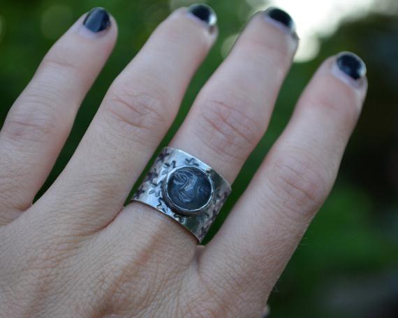 Man In The Moon Ring, Moonstone Ring, Wide Band,sterling Silver, Grey Moonstone Size 6