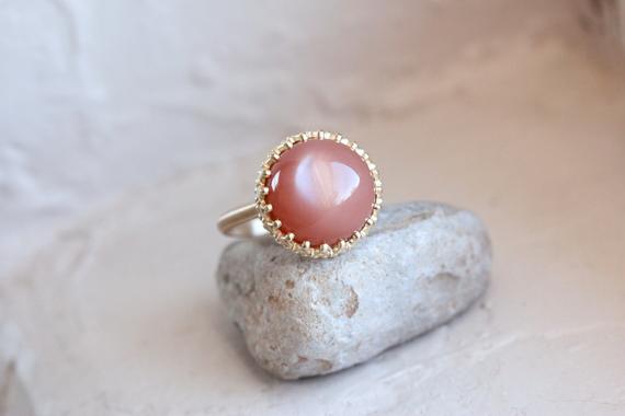 Peach Moonstone Crown Engagement Ring Romantic 14k Yellow Gold Bridal Setting Dusky Antique Rose Pink Round Cabochon Band - Peach Princess