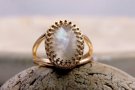 Moonstone Rainbow Ring · Rose Gold Ring · White Gemstone Ring · Feminine Ring · Pink Gold Jewelry · Gold Filled Ring