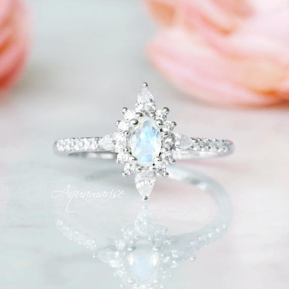 Starburst Natural Moonstone Ring- Sterling Silver Vintage Engagement Ring For Women- Promise Ring- June Birthstone- Anniversary Gift For Her