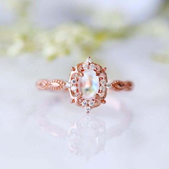 Vintage Natural Moonstone Ring- 14k Rose Gold Vermeil Engagement Ring For Women Dainty Promise Ring June Birthstone Anniversary Gift For Her