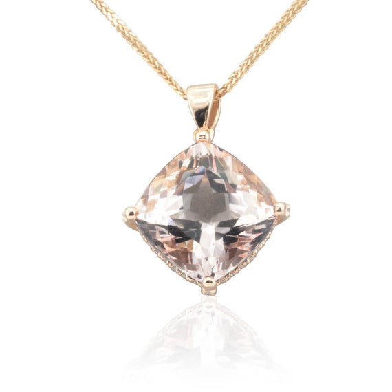 Morganite Necklace - 14mm Square Cushion Cut Pink Morganite And Diamond Pendant With Filigree Hearts In 14k Rose Gold - Ls4711