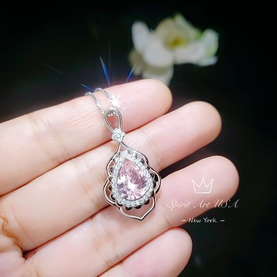 Morganite Necklace Gemstone Leaf Style 18kgp @ Sterling Silver - 2.75 Ct Pink Gemstone - June Birthstone - Teardrop Morganite Jewelry #731