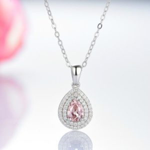 Shop Morganite Pendants! Teardrop Morganite Necklace- Sterling Silver Peachy Pink Morganite Pendant Necklace For Women- Double Halo Anniversary Birthday Gift For Her | Natural genuine Morganite pendants. Buy crystal jewelry, handmade handcrafted artisan jewelry for women.  Unique handmade gift ideas. #jewelry #beadedpendants #beadedjewelry #gift #shopping #handmadejewelry #fashion #style #product #pendants #affiliate #ad