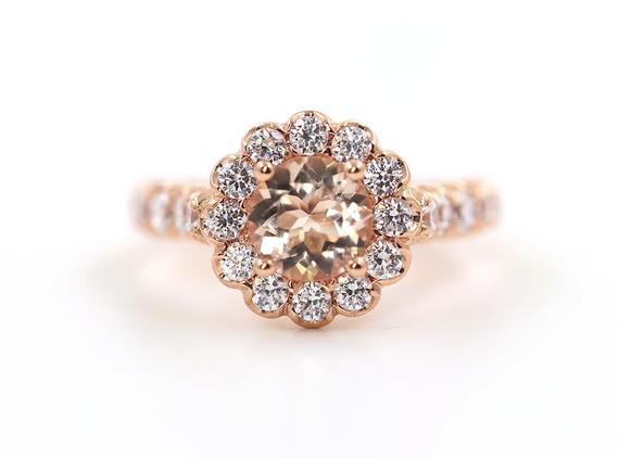 14k 1.2ct Morganite Diamond Flower Bridal Ring / Morganite Wedding Ring / Diamond Engagement Ring / Rose Gold / Promise Ring