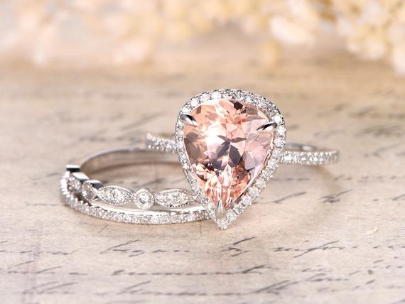 10x12mm Pear Cut Morganite Ring,big Morganite Engagement Ring Set,thin Diamond Wedding Band,art Deco Matching Band,14k White Gold,3 Rings