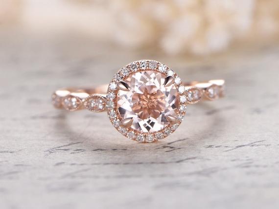 7mm Pink Morganite Ring 14k Rose Gold Morganite Engagement Ring Pave Diamond Wedding Band Marquise Diamond Promise Ring Women Bridal Ring