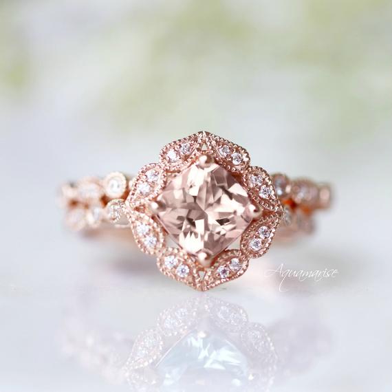 Art Deco Morganite Ring Set-  14k Rose Gold Vermeil Ring- Engagement Ring- Promise Ring- Vintage Inspired- Anniversary Birthday Gift For Her