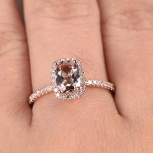 Morganite Engagement Ring Rose Gold Diamond Wedding Ring Cushion Halo Diamond Wedding Ring Bridal Promise Ring Half Eternity Band Women Ring | Natural genuine Array rings, simple unique alternative gemstone engagement rings. #rings #jewelry #bridal #wedding #jewelryaccessories #engagementrings #weddingideas #affiliate #ad