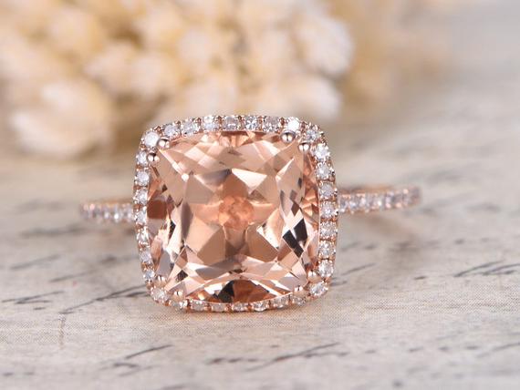 Morganite Engagement Ring Rose Gold Pave Diamond Ring 9mm Cushion Cut Pink Morganite Ring Art Deco Diamond Halo Diamond Wedding Band Promise