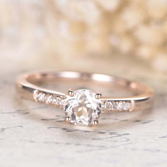 Morganite Engagement Ring Rose Gold Diamond Wedding Band Solitaire Bridal Ring 5mm Round 14k