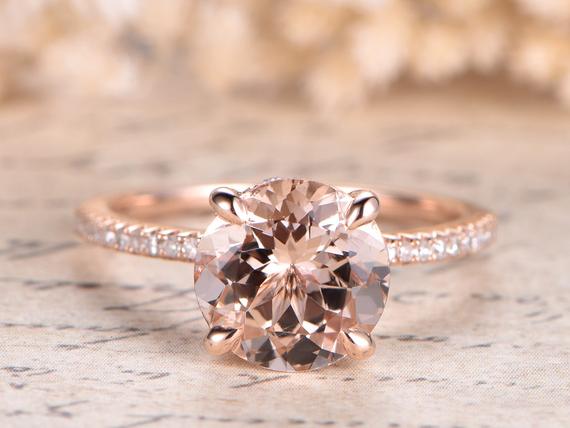 Morganite Engagement Ring Solid 14k Rose Gold Pave Diamond Wedding Band Bottom Diamond Halo Solitaire Women Ring Unique Promise Ring Bridal