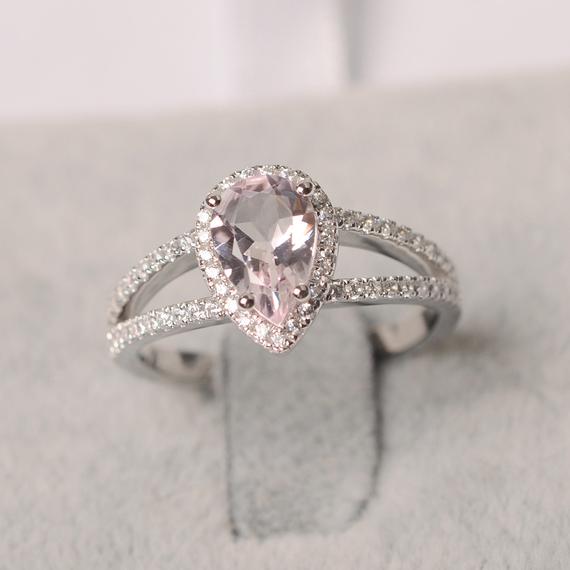 Morganite Ring Engagement Sterling Silver Pear Cut
