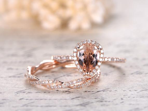 Pear Shaped 6x8mm Pink Morganite Engagement Ring Set,solid 14k Rose Gold Diamond Wedding Band,2pcs Diamond Rings Set,deco Split Shank Band