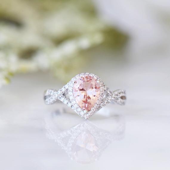 Teardrop Morganite Ring- Sterling Silver Peachy Pink Gemstone Engagement Ring For Women- Twisted Vine Promise Ring-anniversary Gift For Her