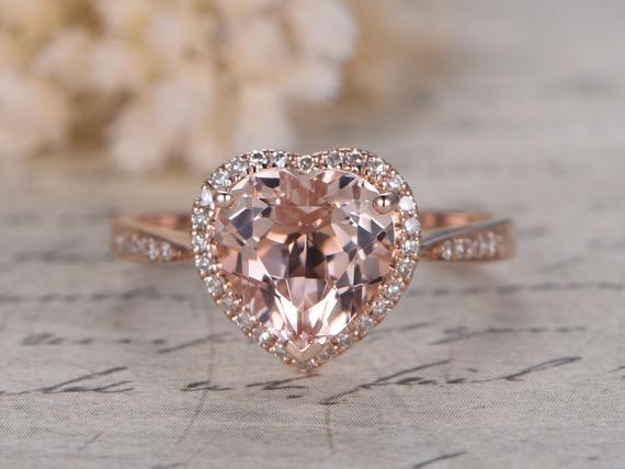Pink Morganite Ring 14k Rose Gold 8mm Heart Cut Morganite Engagement Ring Pave Diamond Wedding Ring Art Retro Vintage Women Ring Best Gift