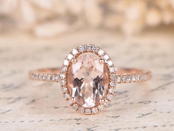 7x9mm Oval Pink Morganite Ring Vintage 14k Rose Gold Morganite Engagement Ring Pave Diamond Wedding Band Promise Ring Wedding Bridal Ring