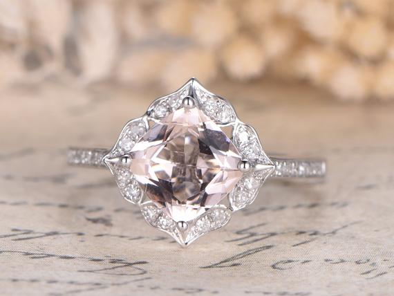 Pink Morganite Ring 14k White Gold Pave Diamond Wedding Ring 7mm Cushion Cut Morganite Engagement Ring Bridal Promise Ring Anniversary Ring