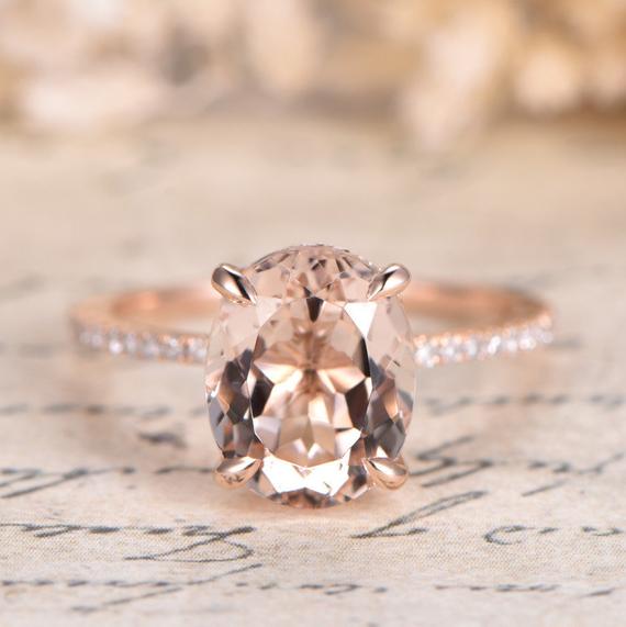 Oval Morganite Engagement Ring, 14k Rose Gold, 2.5ct Oval Morganite Ring, Engagement Rings For Women, Diamond Wedding Band,morganite Gold