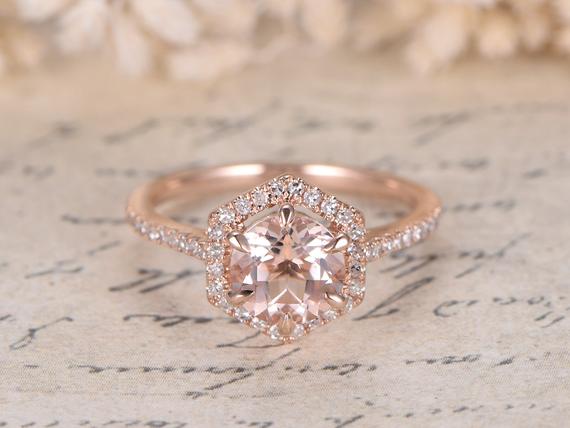 Morganite Rose Gold Ring ,vintage Engagement Ring, 7mm Round Cut, Morganite Engagement Ring Women, Half Eternity Wedding Band,gift For Her