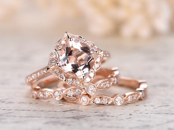 Valentine's Gift 6.5mm Cushion Cut Pink Morganite Engagement Ring Set Morganite Ring Two Diamond Wedding Bands Solid 14k Rose Gold Ring