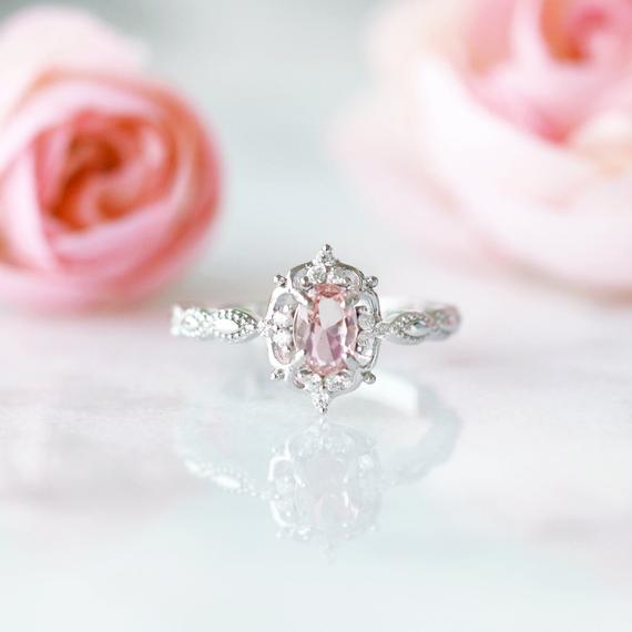 Vintage Oval Morganite Ring- Sterling Silver Engagement Ring For Women Promise Ring-peachy Pink Gemstone- Anniversary Birthday Gift For Her
