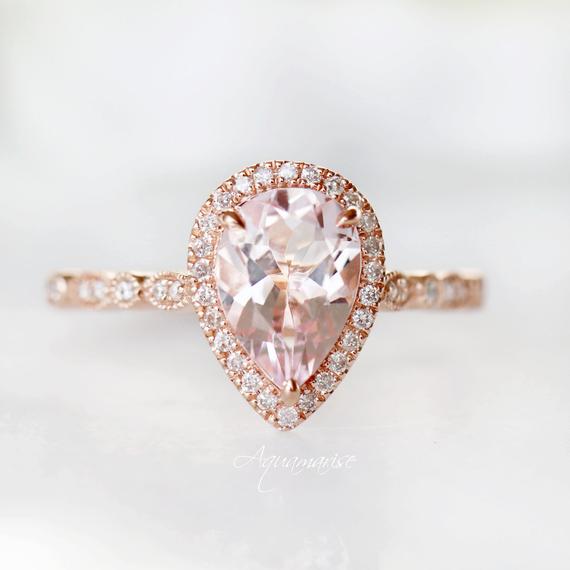 Vintage Teardrop Morganite Ring- 14k Rose Gold Vermeil Morganite Engagement Ring For Women- Promise Ring- Anniversary Birthday Gift For Her