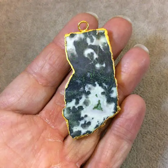 Ooak Gold Electroplated Natural Raw/rough Green Moss Agate Freeform Shaped Slab/slice Focal Pendant - Measuring 29mm X 53mm, Approximately