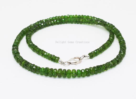 Natural Chrome Diopside Beaded Necklace,3mm-4.5mm Faceted Chrome Diopside Necklace,sterling Silver Green Chrome Necklace 18", Gift For Her