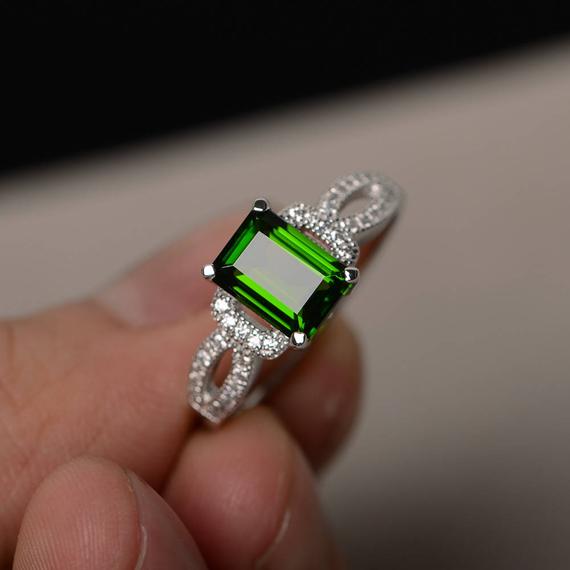 Natural Chrome Diopside Ring Green Gemstone Ring Silver Engagement Rings