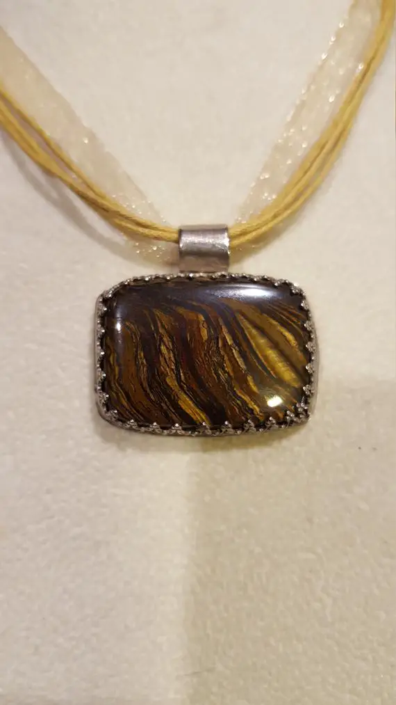 Sterling Silver Tiger Iron Necklace, Handcrafted, Cushion Cabachon 33x23mm, Fancy Bezel, Natural Stone Is A Mix Of Tigers Eye And Hematite
