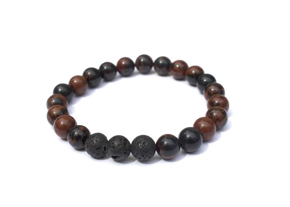 Natural Mahogany Obsidian Bracelet W/ Lava Beads