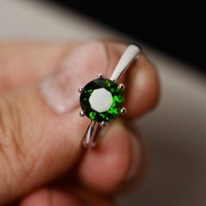Natural Russian Chrome Diopside Ring 8mm Round Cut Green Gemstone Ring Sterling Silver Ring | Natural genuine Diopside rings, simple unique handcrafted gemstone rings. #rings #jewelry #shopping #gift #handmade #fashion #style #affiliate #ad