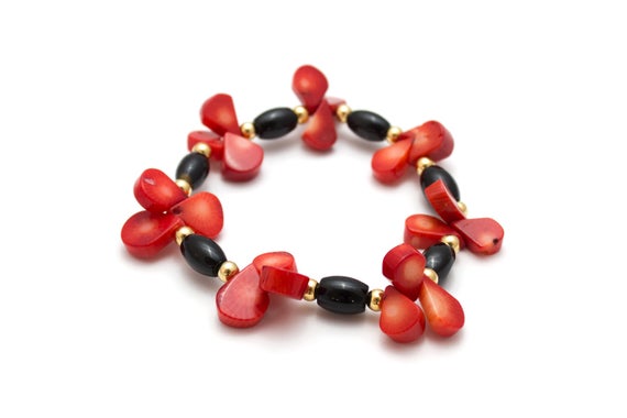Onyx Coral Bracelet/ Red Teardrop Jewelry/ Red Drop Bracelet/ Onyx Coral Jewelry/ Black Red Bracelet