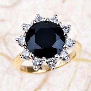 Onyx Engagement Ring White and Yellow Gold / Black Onyx Halo Engagement Ring Two Tone Gold | Natural genuine Array rings, simple unique alternative gemstone engagement rings. #rings #jewelry #bridal #wedding #jewelryaccessories #engagementrings #weddingideas #affiliate #ad