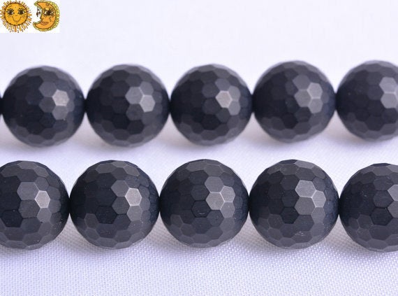 Black Onyx,15 Inch Full Strand Natural Black Onyx Frosted Matte Faceted(128 Faces) Round Beads 6mm 8mm 10mm 12mm