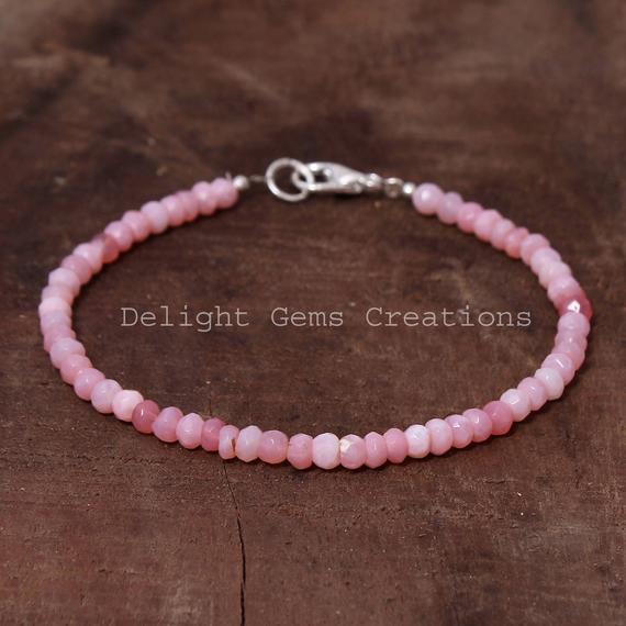 Pink Peruvian Opal Beaded Bracelet, 4mm-4.5mm Pink Opal Faceted Rondelle Beads Bracelet, Natural Opal Jewelry Bracelet, Pink Opal Bracelet