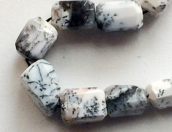 11-14mm Dendrite Opal, Dendrite Faceted Step Cut Tumbles, White & Black Gemstone Beads, Dendrite Nuggets For Jewelry (5in To 10in Options)