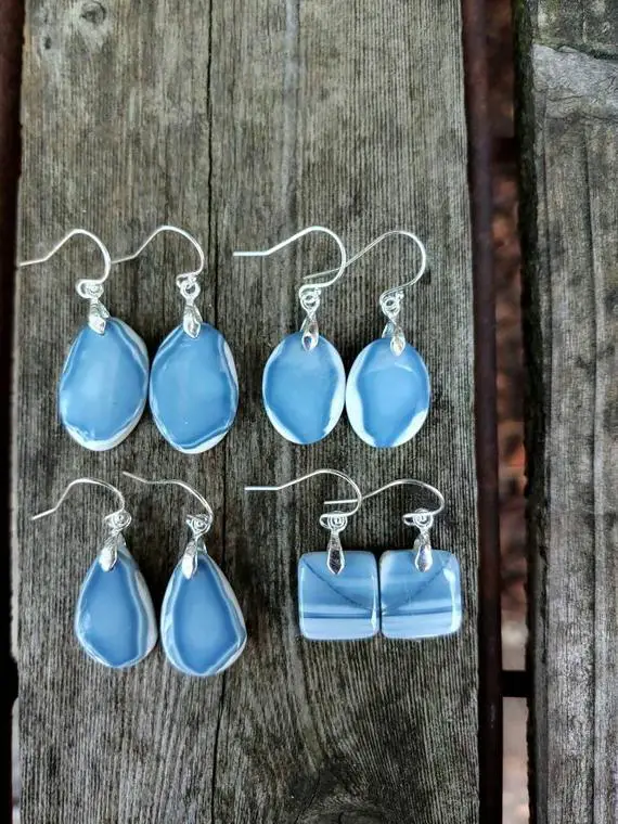 Unique Blue Opal Earrings. Dainty Blue Earrings. Silver Opal Earrings