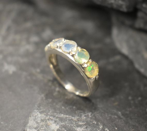Half Eternity Opal Band, Natural Opal Ring, October Birthstone Ring, White Gemstone Ring, Stackable Silver Band, For Her, Bands By Adina