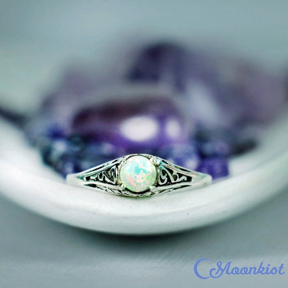 Dainty Opal Engagement Ring, Sterling Silver Opal Ring, White Opal Ring, Opal Filigree Ring | Moonkist Designs