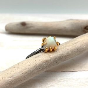 Shop Opal Rings! Ethiopian Opal Gold Silver Ring Size 8 / Natural White Opal Gold Black Textured Silver Ring / Ethiopian Opal 925 Silver 18K Gold 3 Micron | Natural genuine Opal rings, simple unique handcrafted gemstone rings. #rings #jewelry #shopping #gift #handmade #fashion #style #affiliate #ad