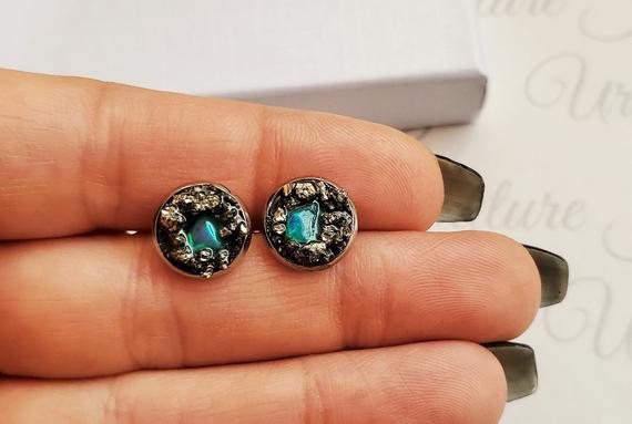 Opal Stud Earrings, Genuine Raw Pyrite Opal Ear Studs, Hypoallergenic Jewelry, October Birthstone, Ladies Gemstone Earrings