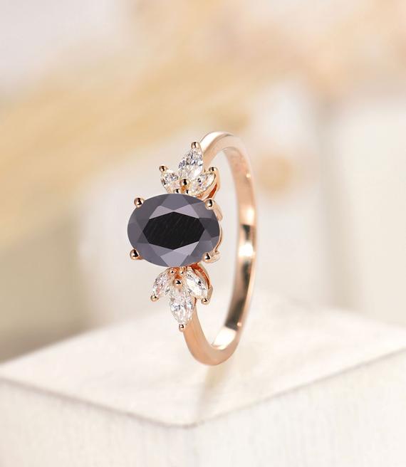 Oval Cut Black Onyx Engagement Ring,vintage Rose Gold Ring Unique Wedding Ring, Art Deco Moissanite Ring, Marquise Cut Ring,anniversary Gift