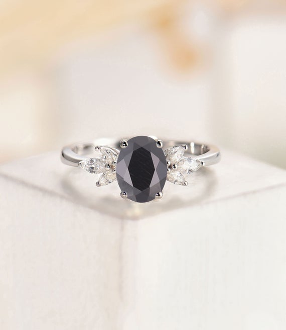 Oval Cut Black Onyx Engagement Ring,vintage White Gold Ring Unique Wedding Ring,art Deco Moissanite Ring, Marquise Cut Ring,anniversary Gift