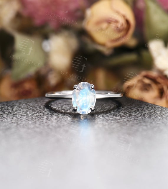 Oval Cut Moonstone Engagement Ring, Vintage White Gold Unique Engagement Ring, Solitare Dainty Wedding Ring, Prong Set Anniversary Gift
