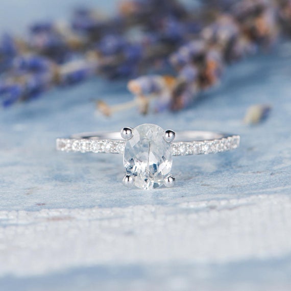Oval Cut White Sapphire Engagement Ring White Gold Wedding Bridal Pave Eternity Diamond Birthstone Women Anniversary Promise Gift