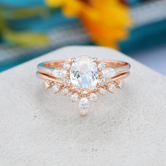 Oval White Sapphire Engagement Ring Set Unique Cluster Rose Gold Engagement Ring Curved Diamond Bridal Promise Anniversary Gift For Her